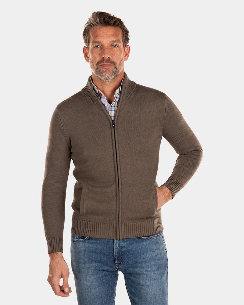 Cotton rib knit pullover with full zipper - Misty Army