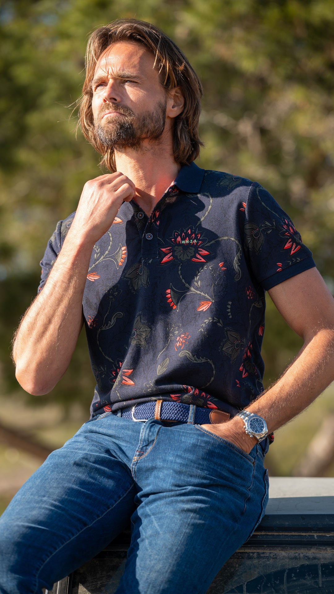 Navy polo with flower print - Traditional Navy