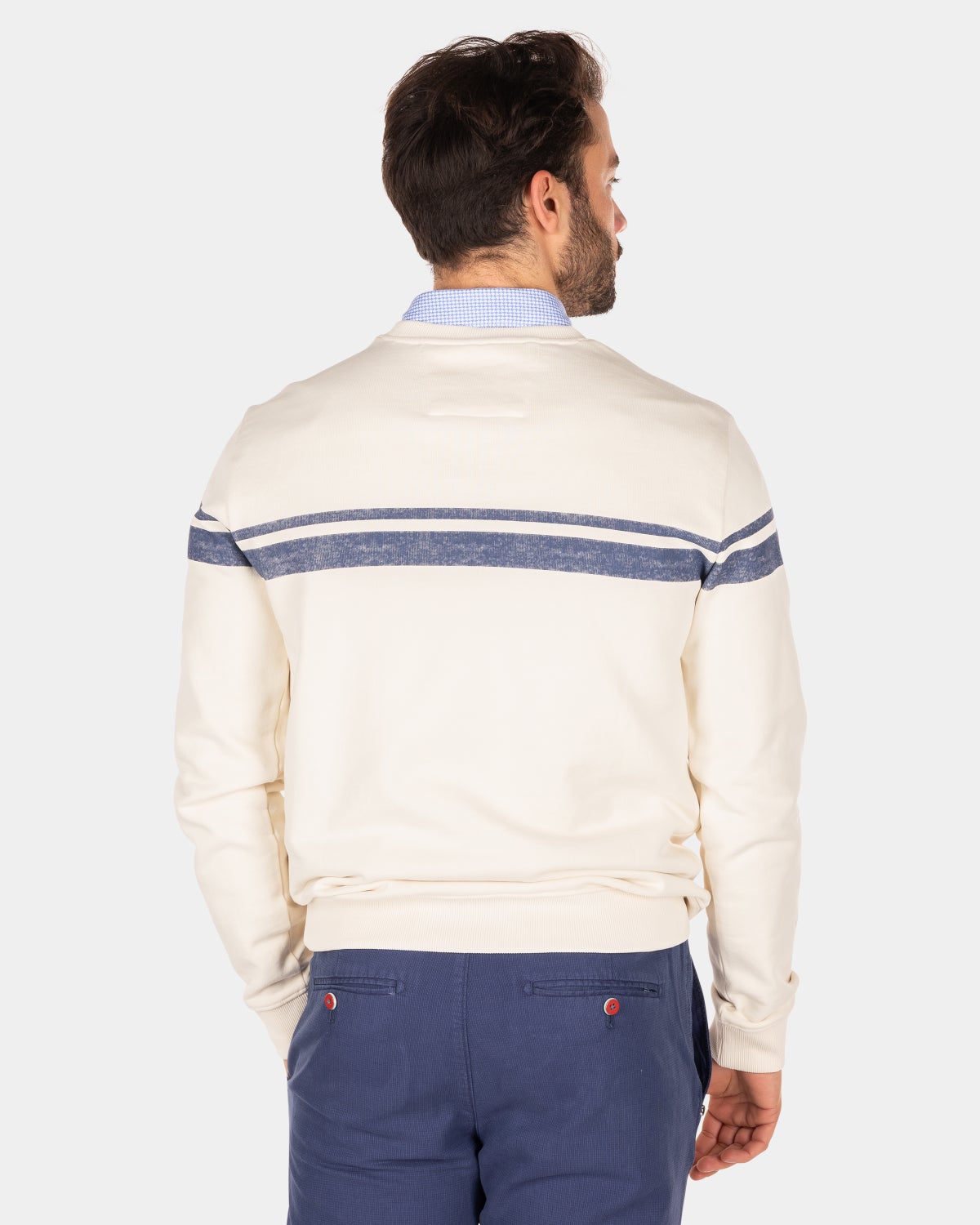 White crew neck sweater with blue stripe - Cream