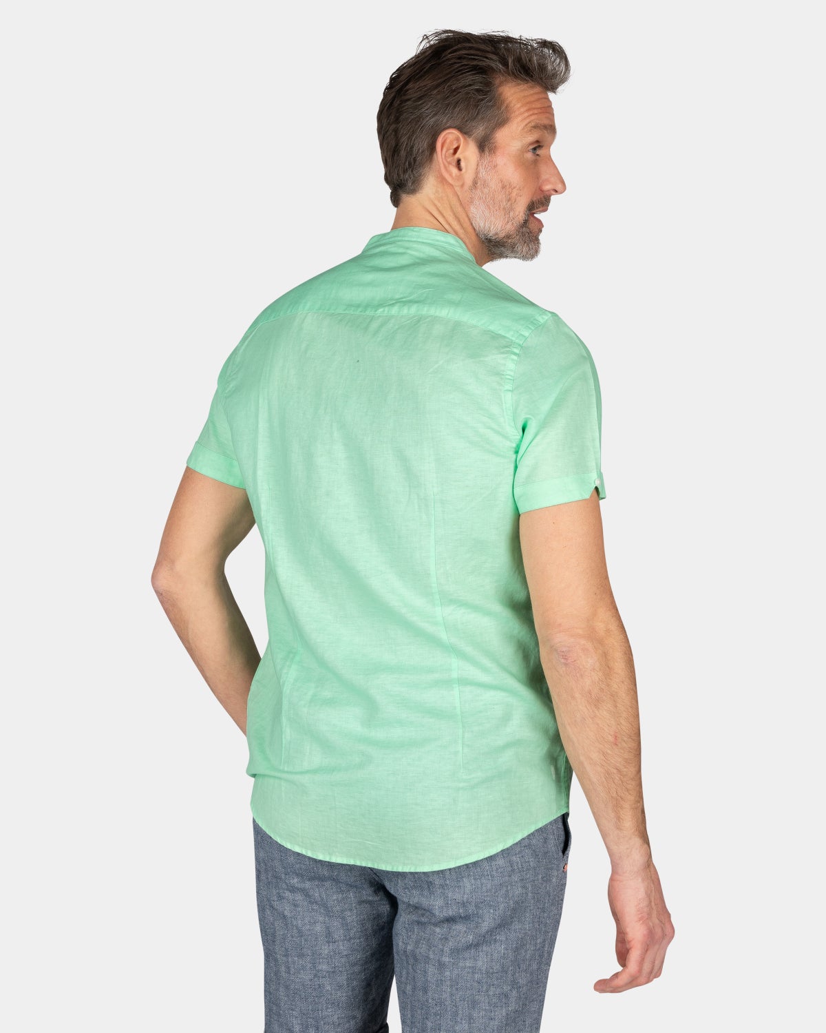 Collarless shirt with short sleeves - Teal Green