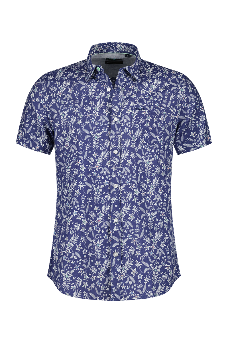 Short sleeve linen shirt with floral print - Dusk Navy