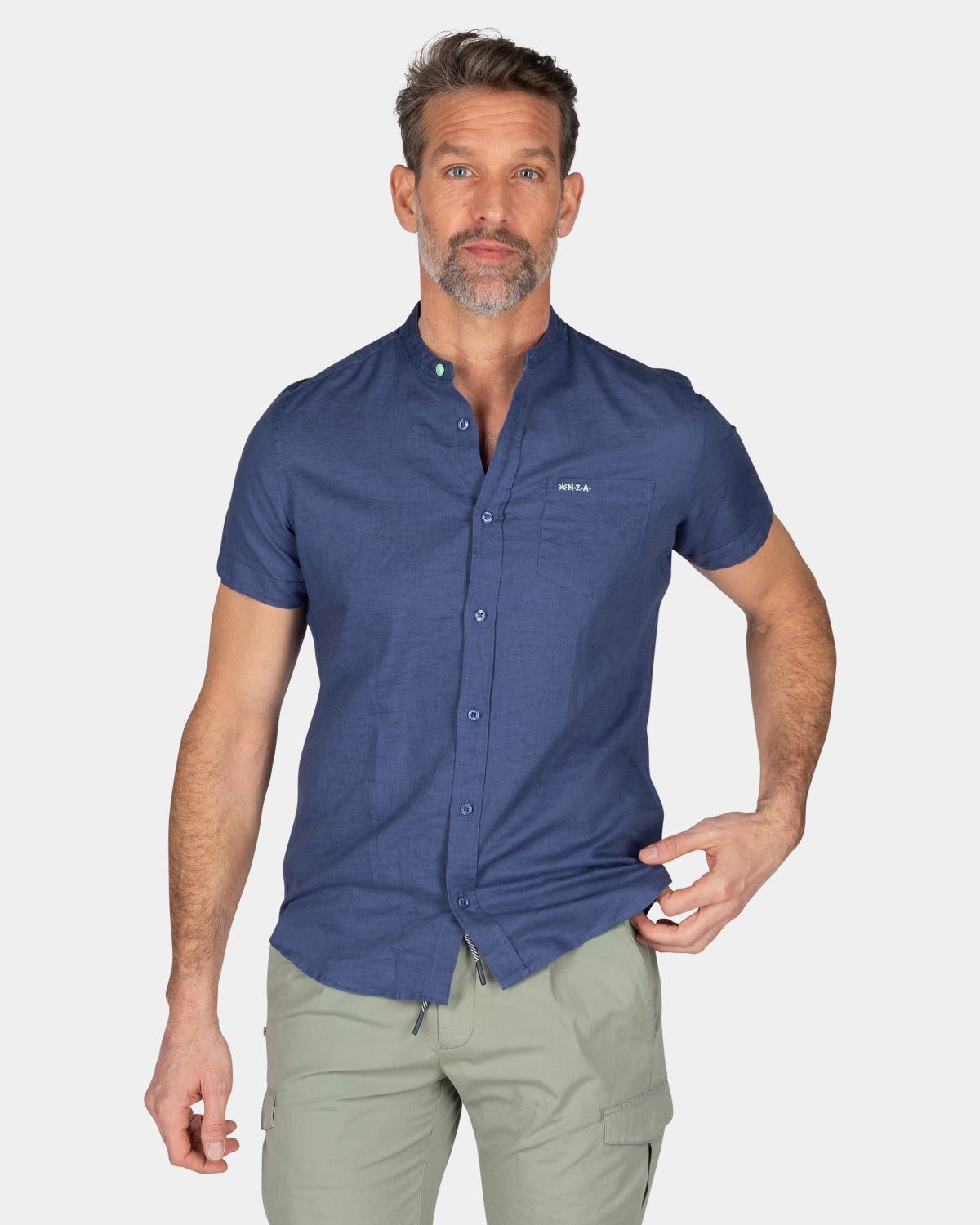 Collarless shirt with short sleeves - Dusk Navy
