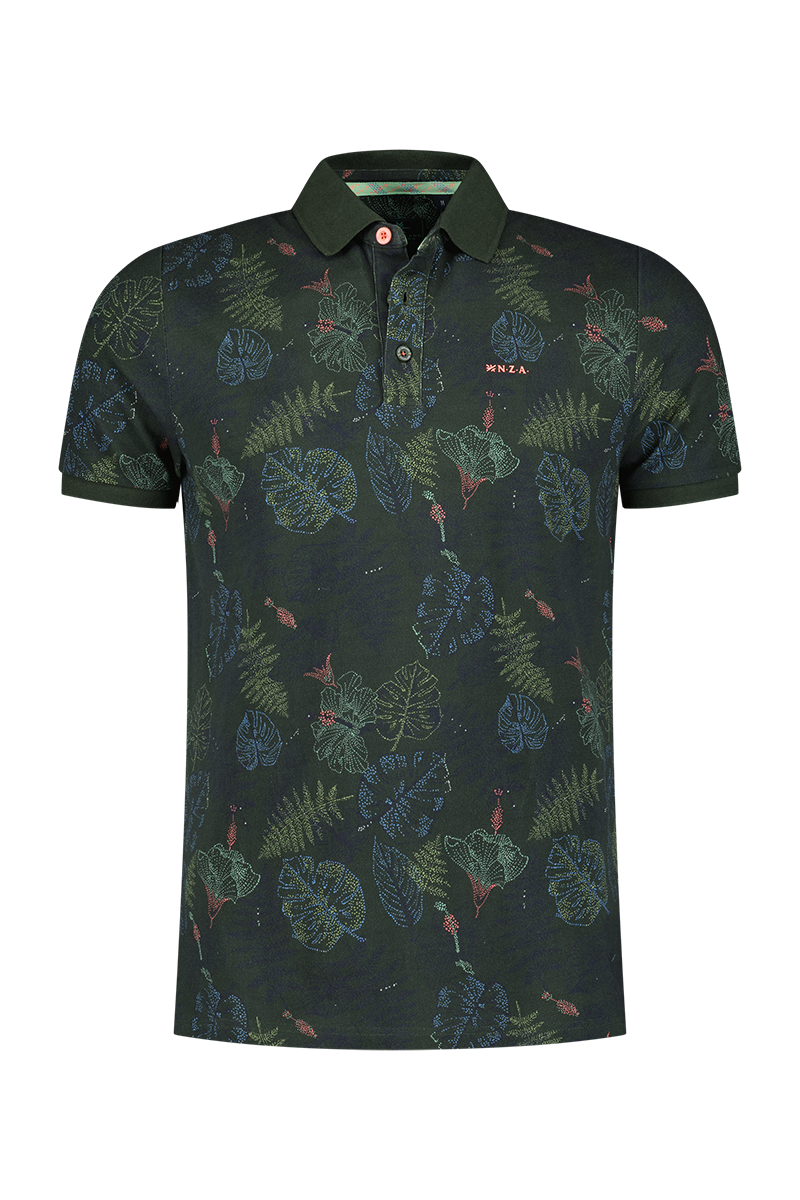 Cotton polo with leaf print - Chalk Green