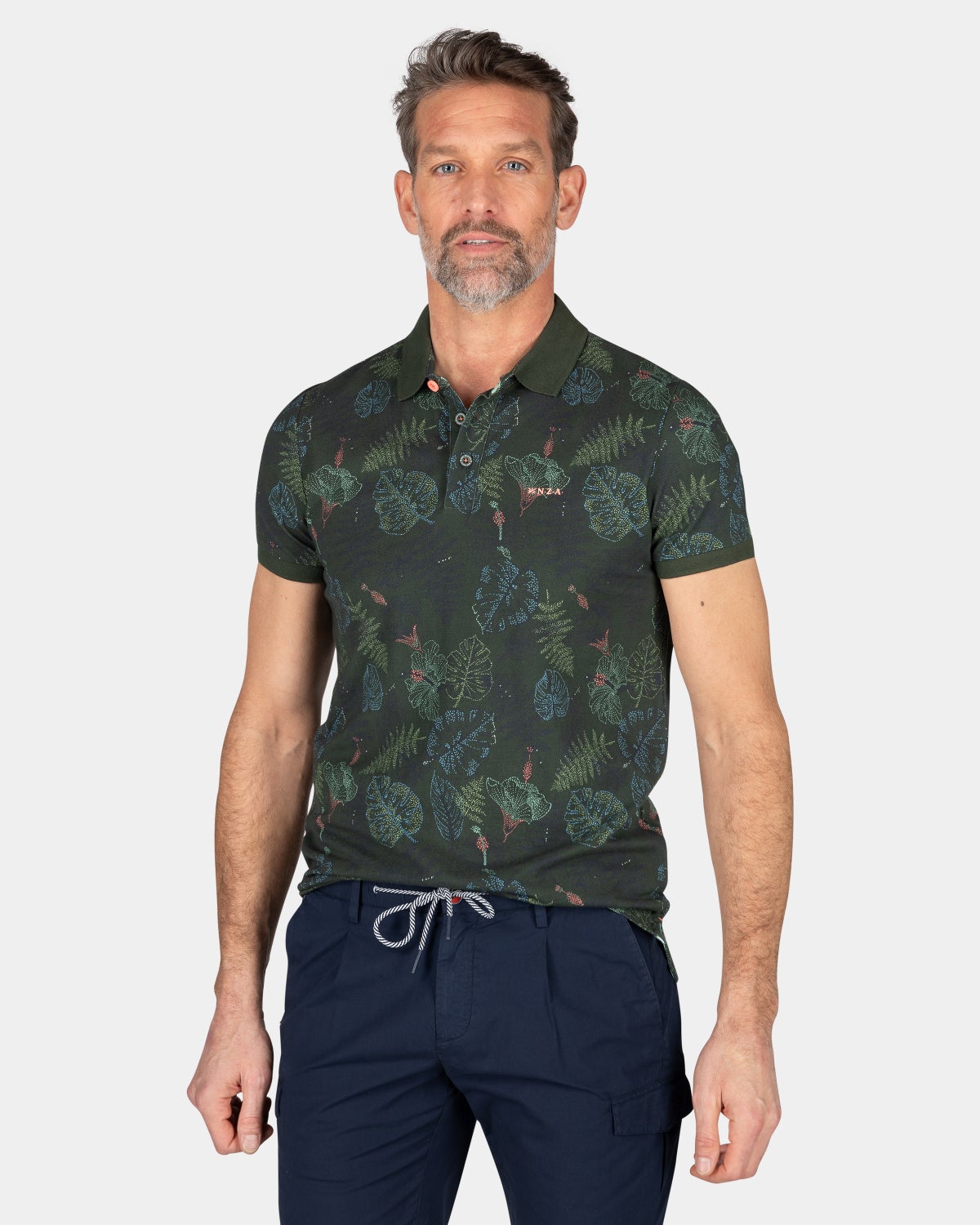 Cotton polo with leaf print - Chalk Green