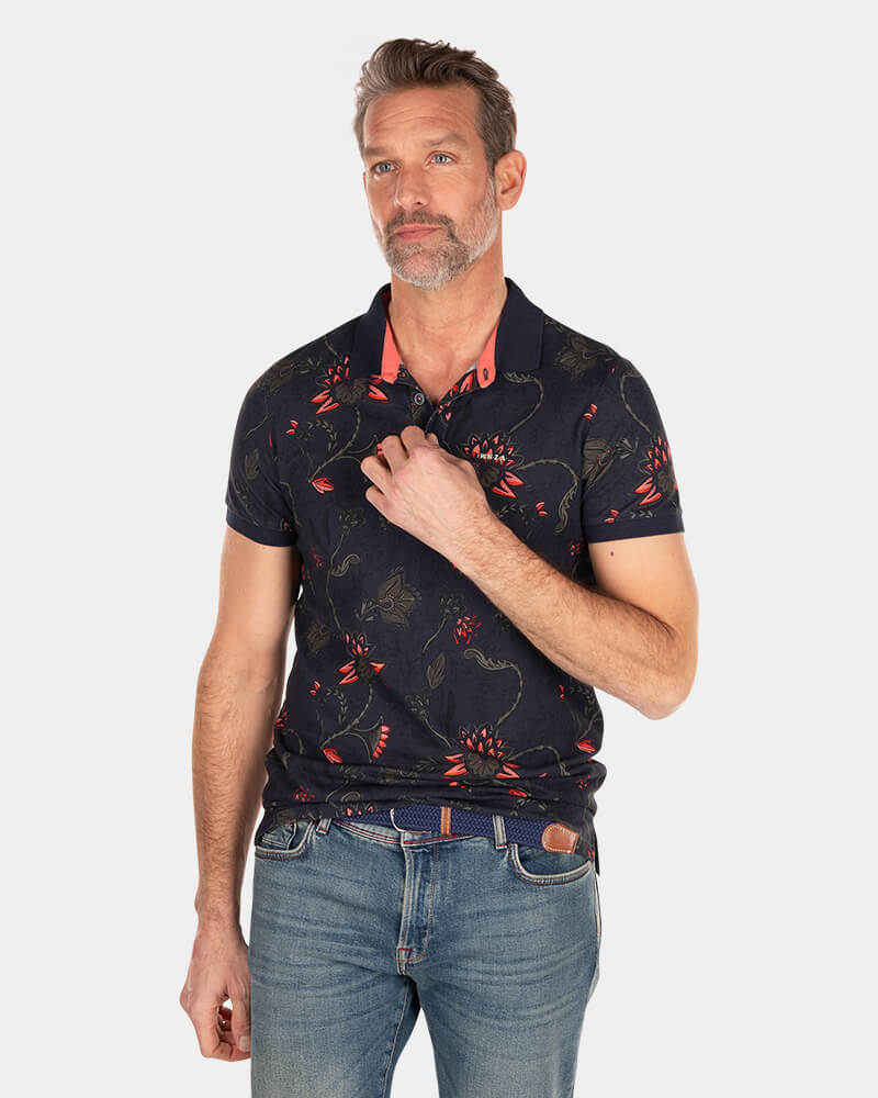 Navy polo with flower print - Traditional Navy