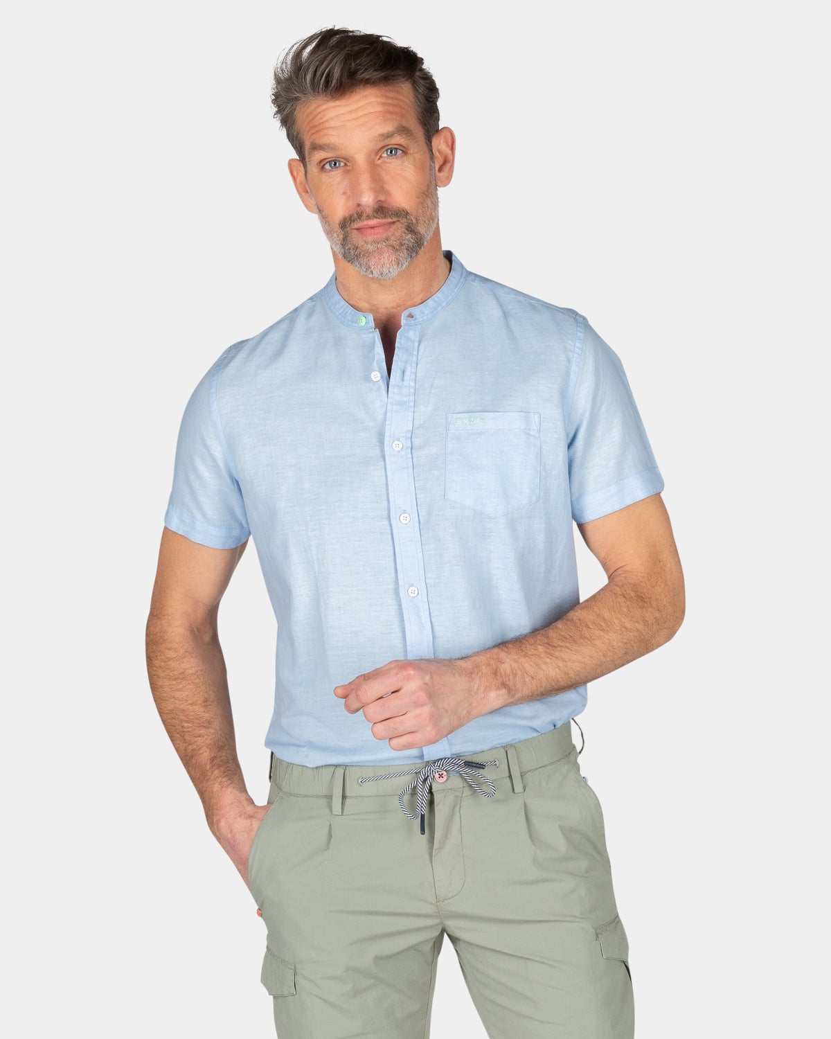 Collarless shirt with short sleeves - Rhythm Blue
