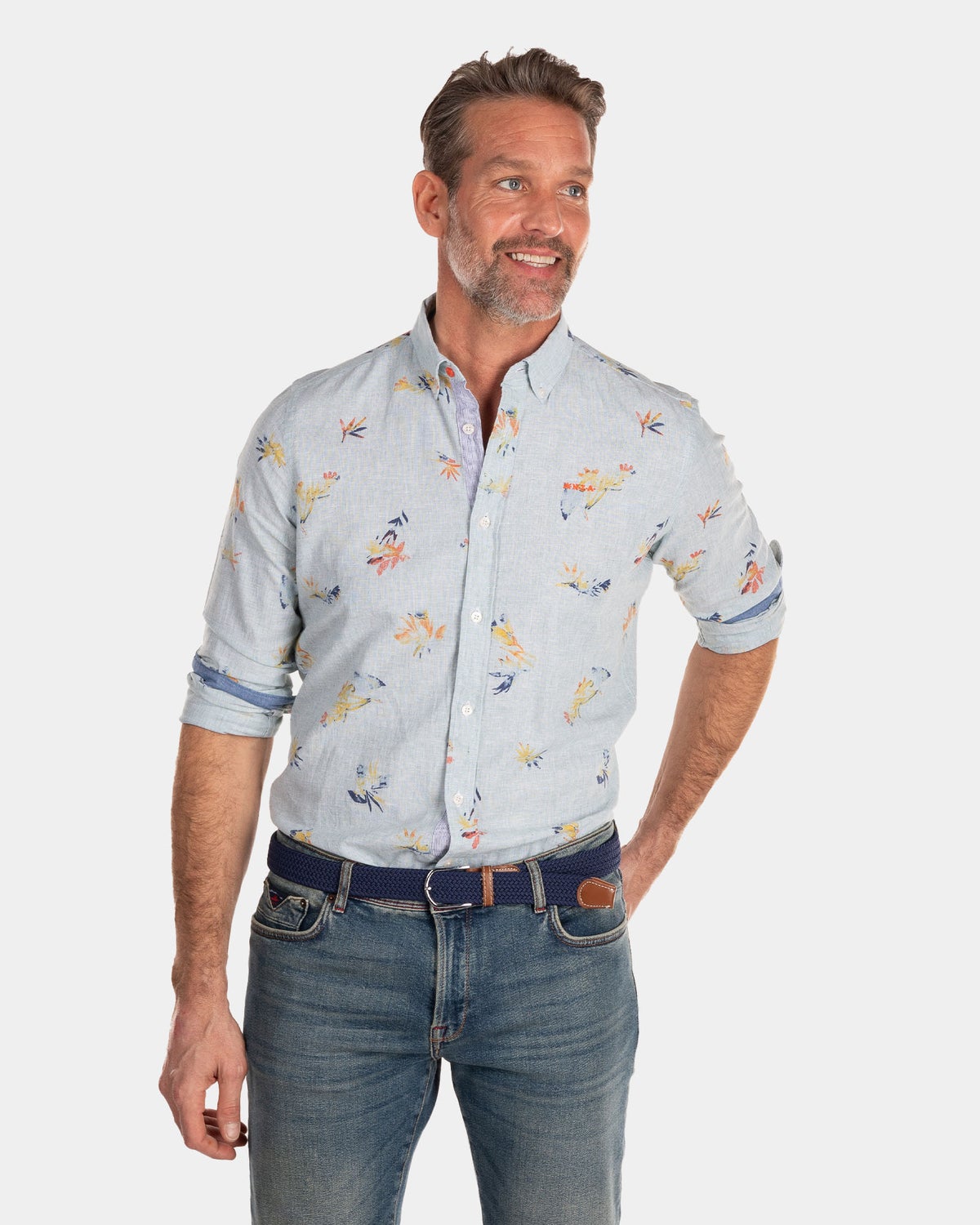 Linen shirt with flower print - Amazon Green