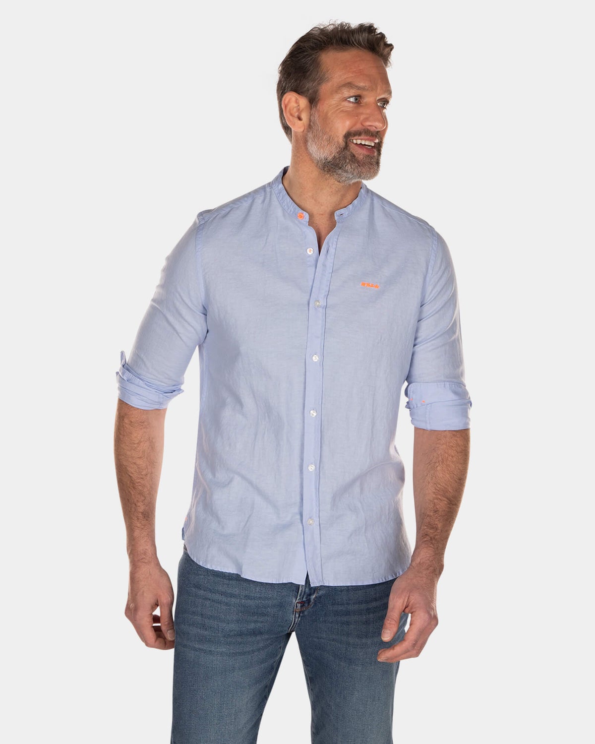 Plain linen shirt without collar -  long sleeves - Light Blue