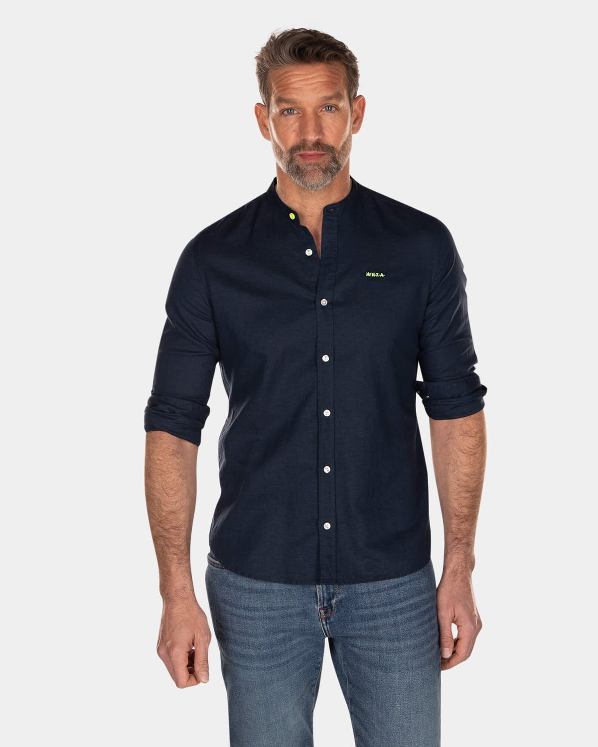 Plain linen shirt without collar -  long sleeves - High Summer Navy