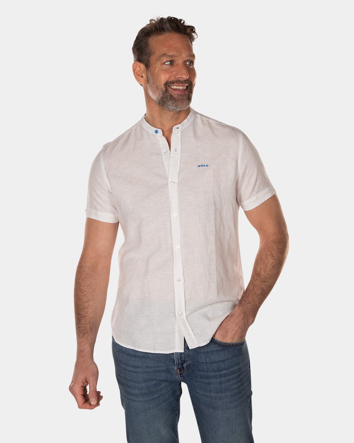 Plain linen shirt without collar -  short sleeves - Off White