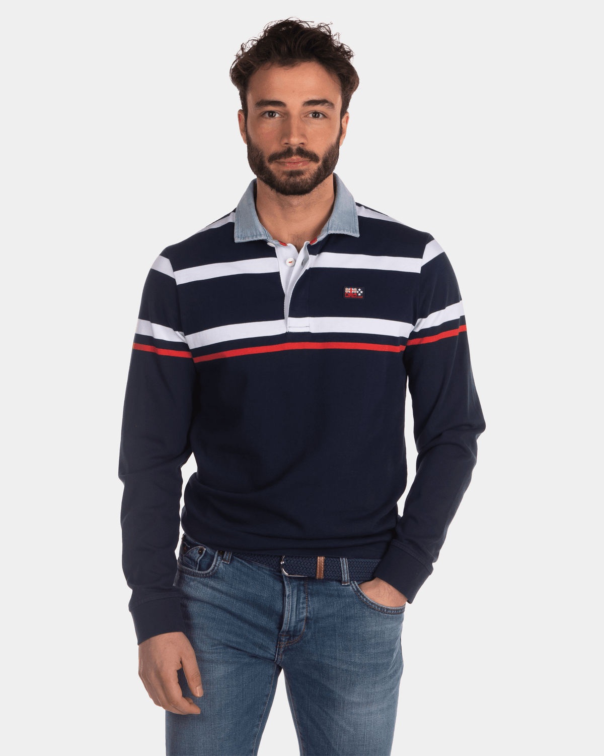 Coarse Striped Rugby Shirt Blue White Red - Industrial Navy