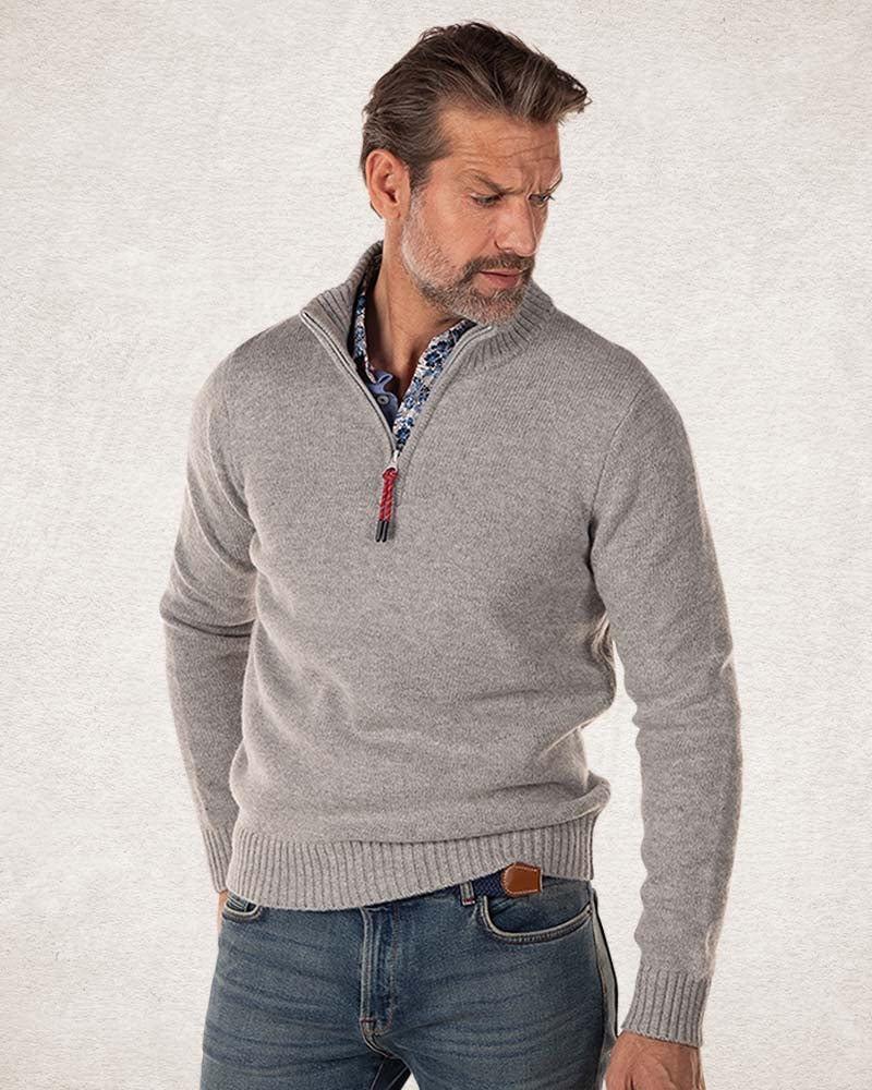 Wool plain half zip pullover - Grey Melange