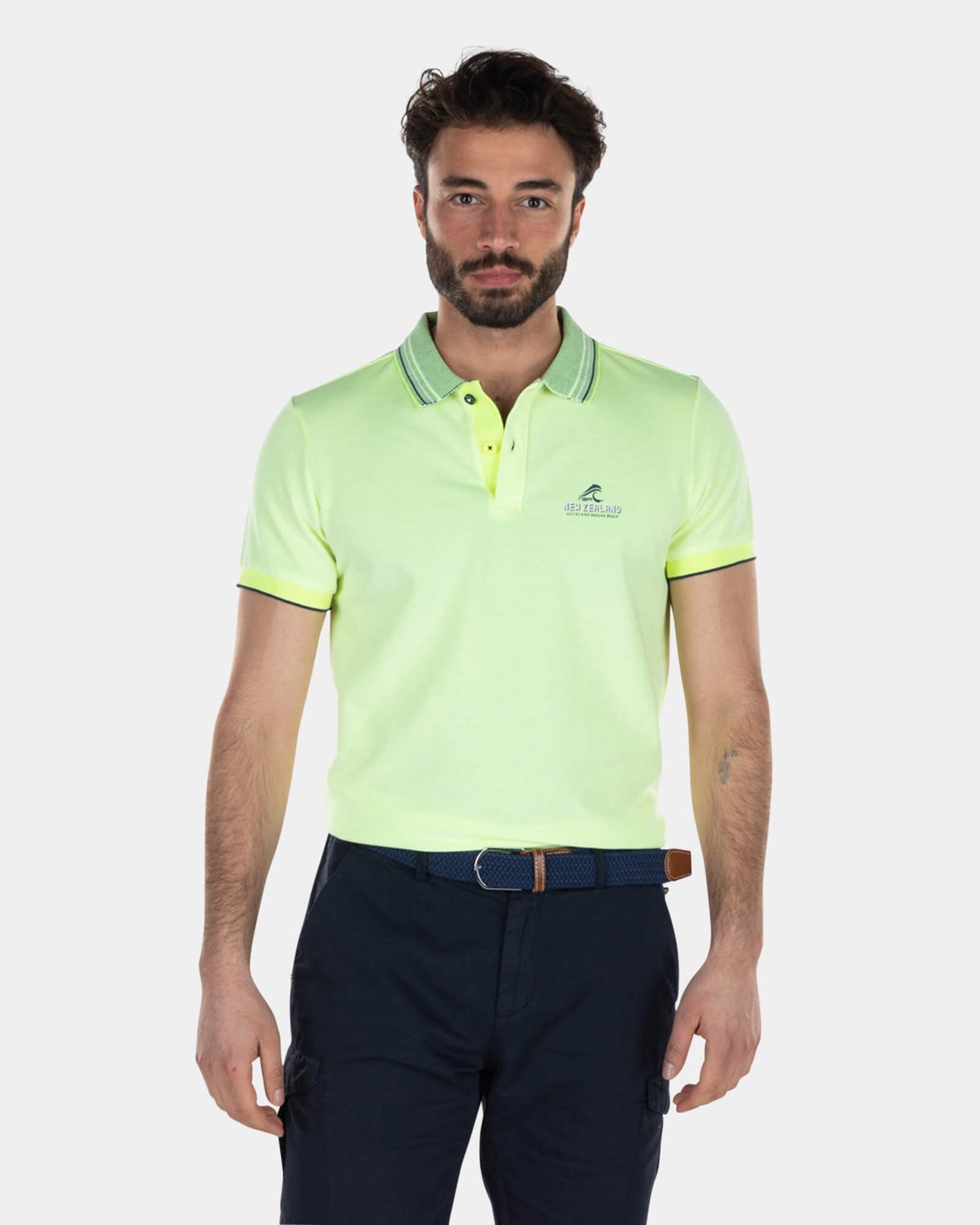 Brightly colored polo shirt with striped collar - High Summer Yellow