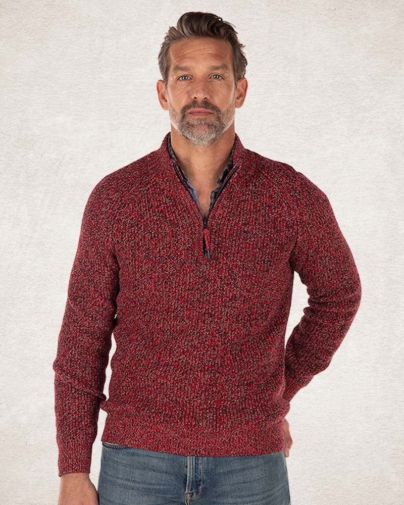 Cotton solid coloured half zip pullover - Carmine red