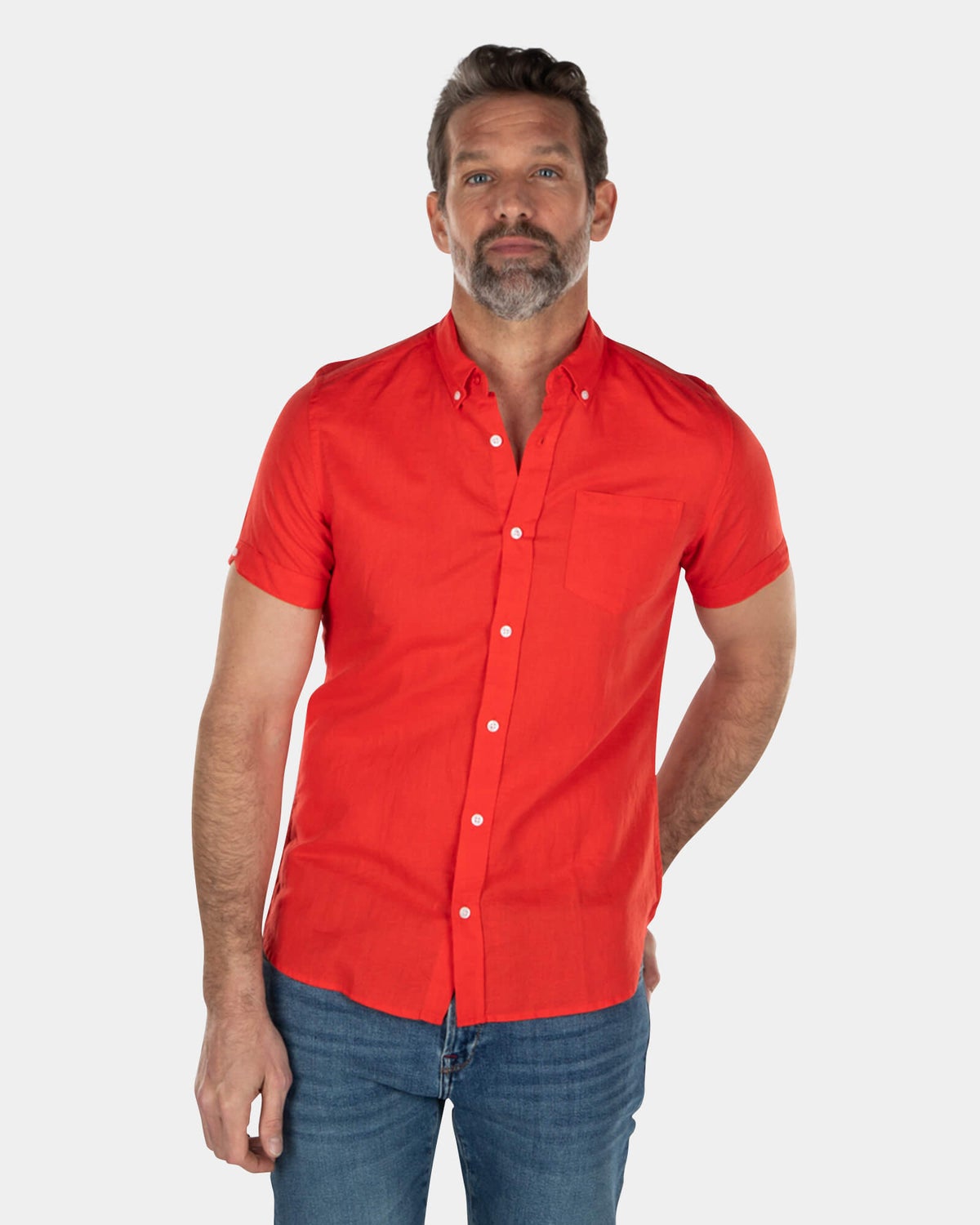 Solid coloured linen shirt short sleeves - Orange Red