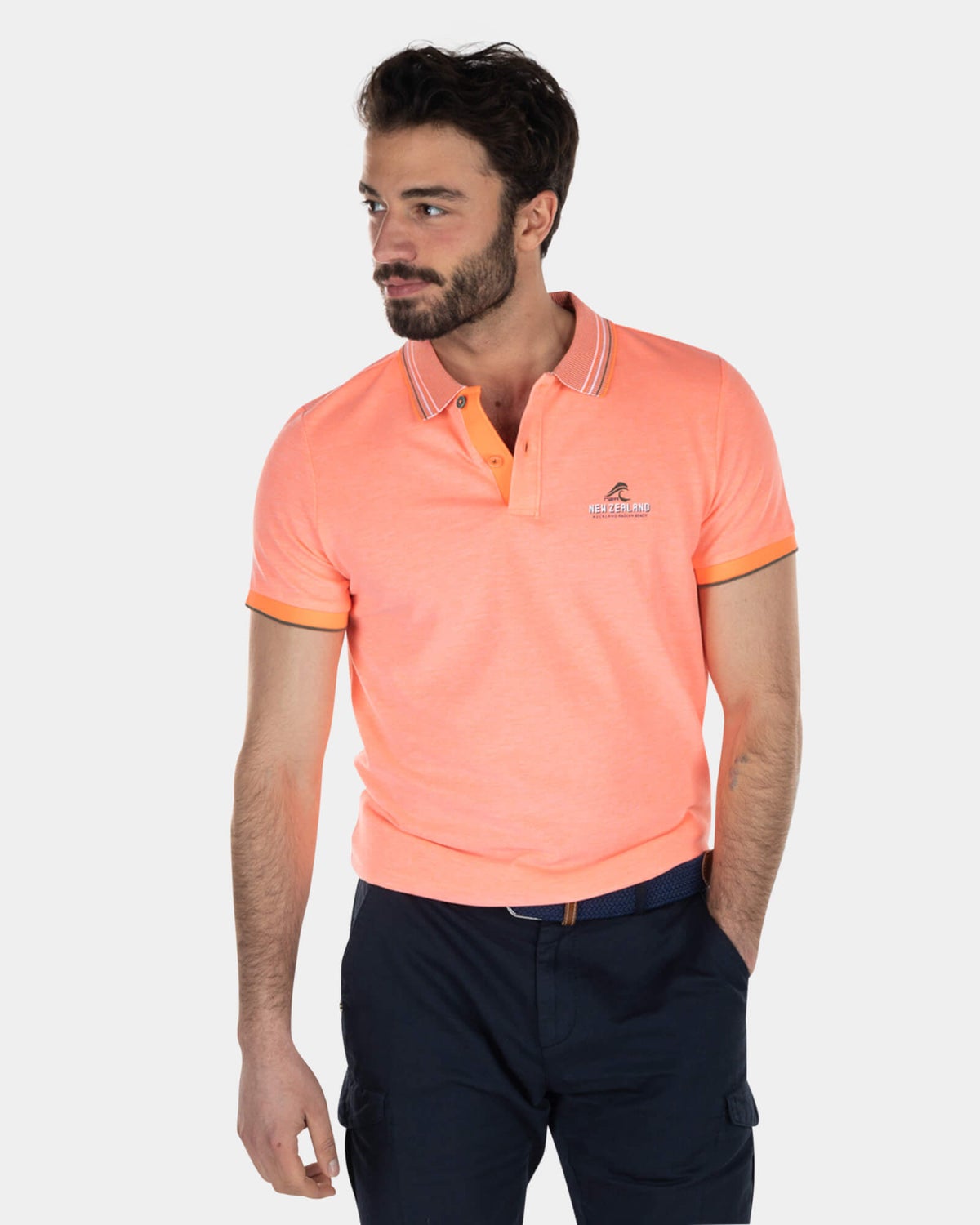 Brightly colored polo shirt with striped collar - High Summer Orange