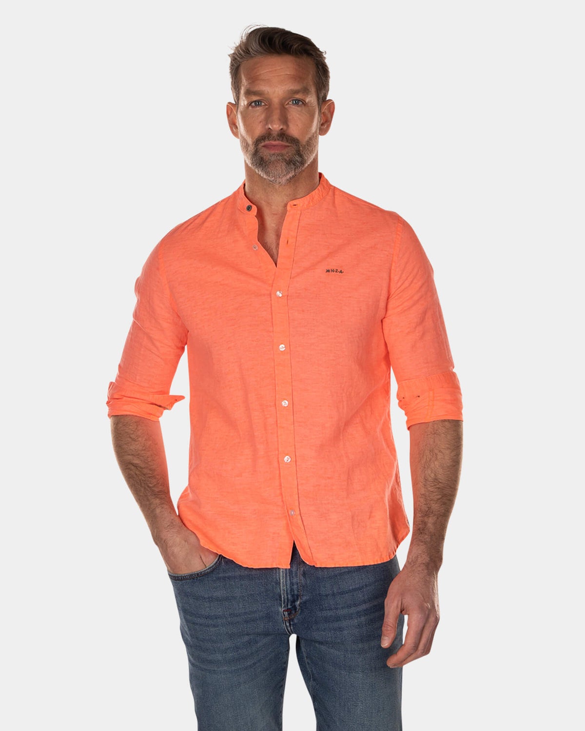 Plain linen shirt without collar -  long sleeves - High Summer Orange