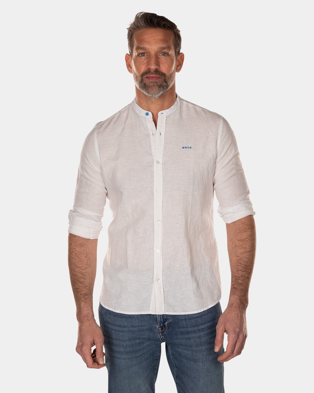 Plain linen shirt without collar -  long sleeves - Off White