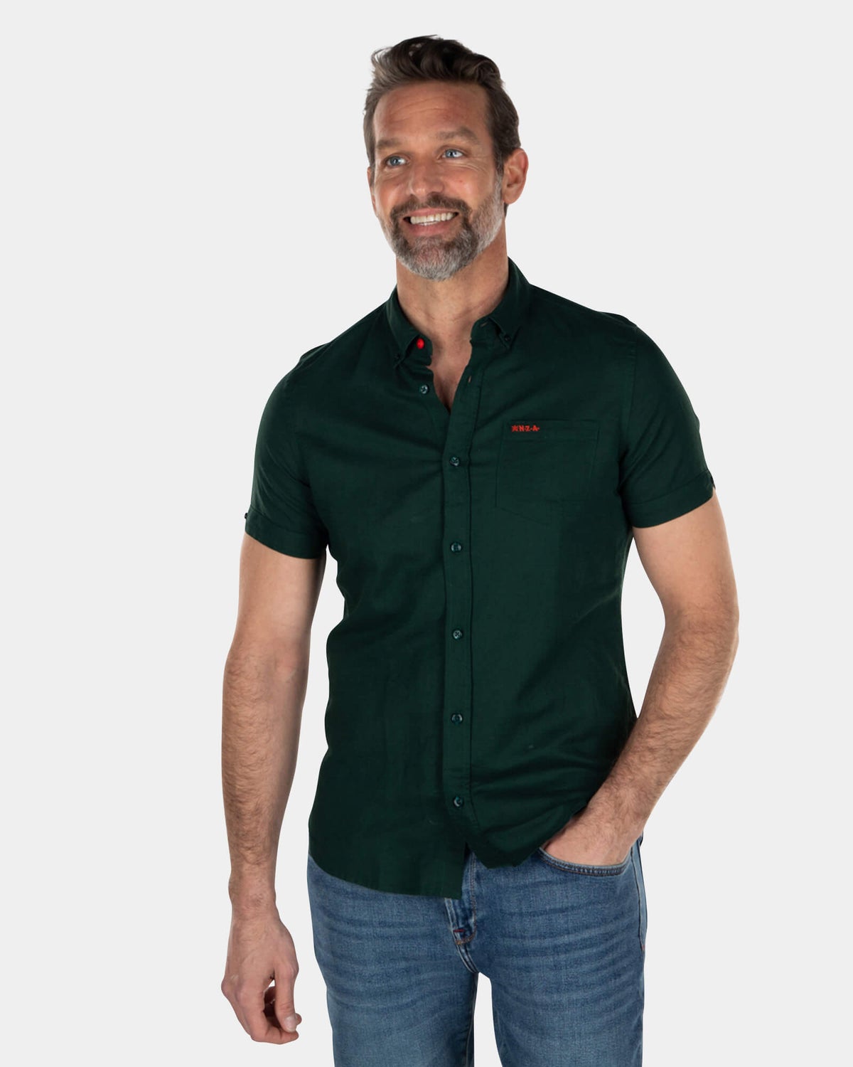 Solid coloured linen shirt short sleeves - Dark Pine