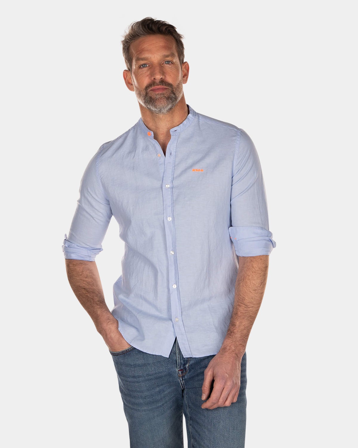 Plain linen shirt without collar -  long sleeves - Light Blue