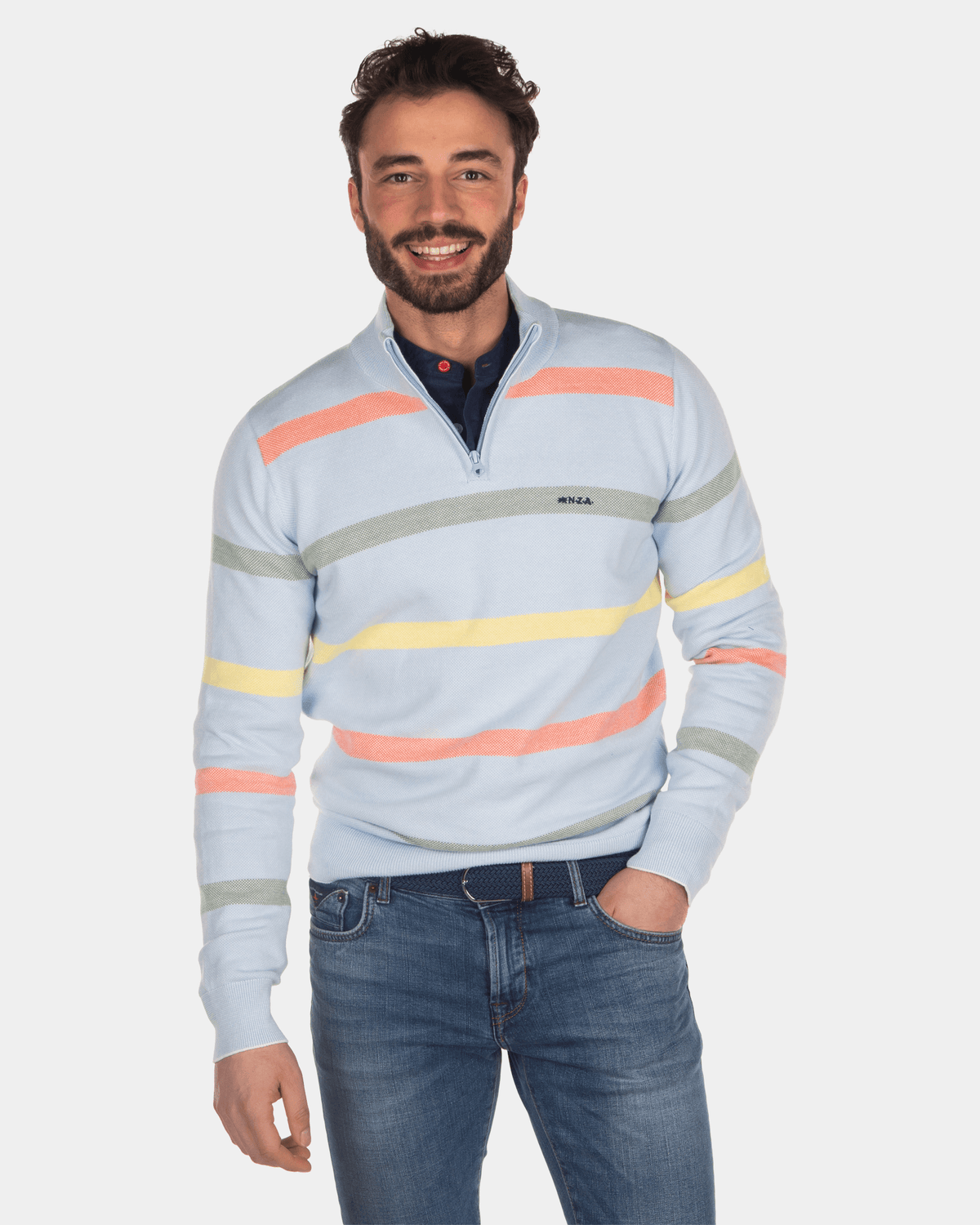 Striped cotton half zip pullover blue - Bright Sky
