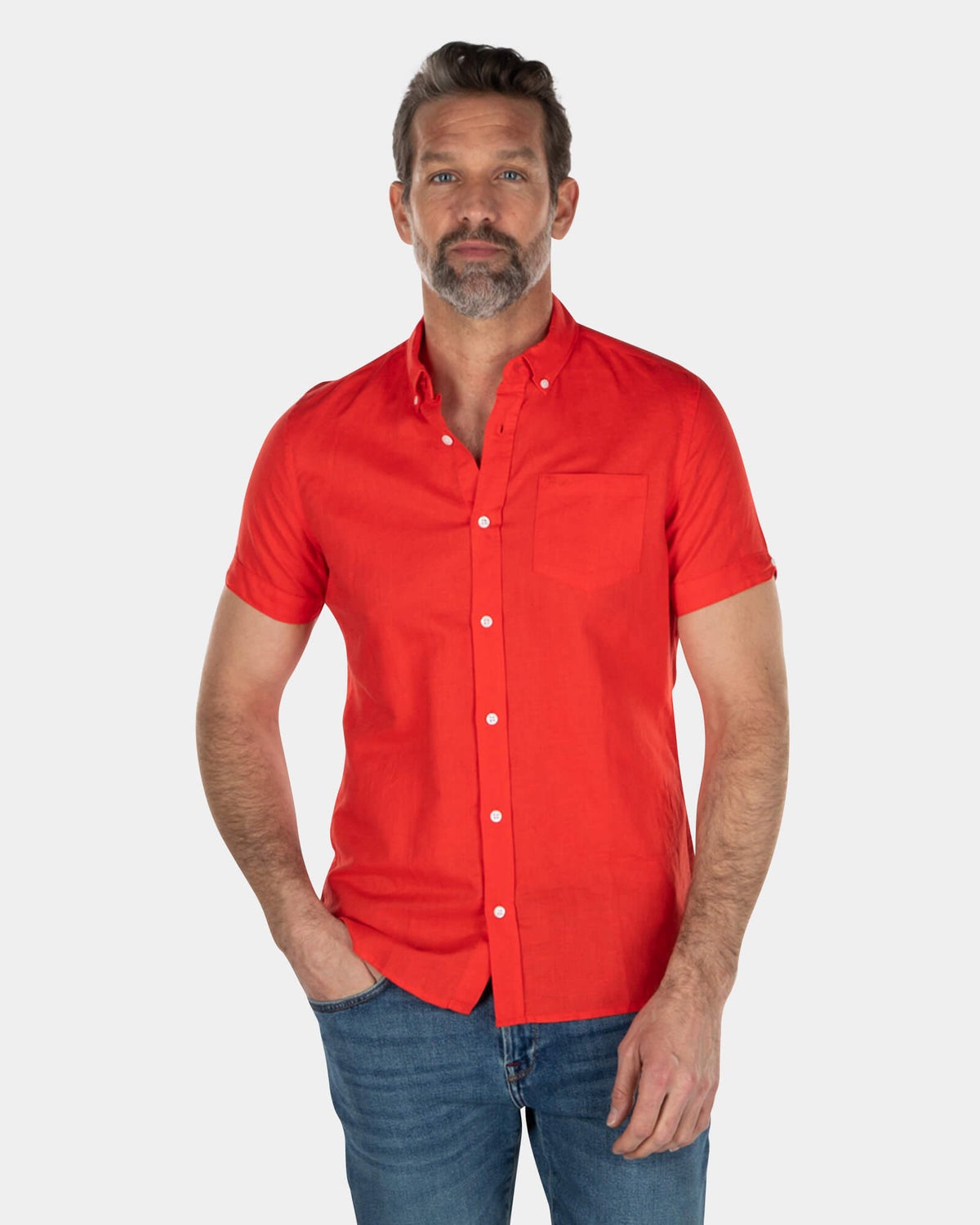 Solid coloured linen shirt short sleeves - Orange Red
