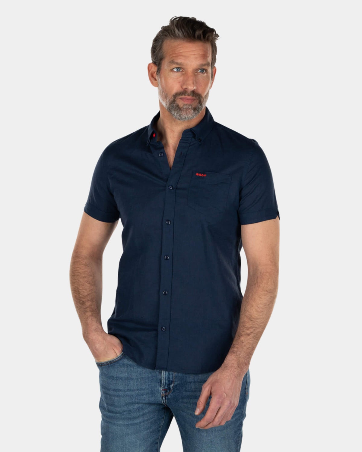 Solid coloured linen shirt short sleeves - Key Navy