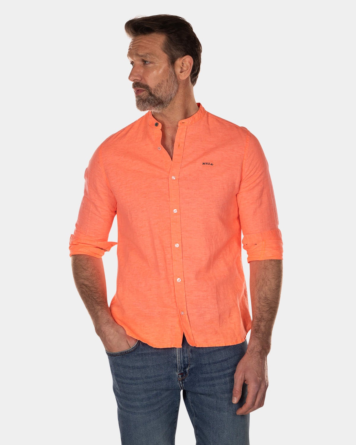 Plain linen shirt without collar -  long sleeves - High Summer Orange