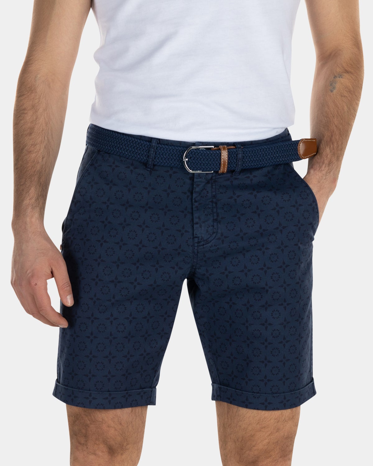 Cotton tencel printed chino shorts - Key Navy