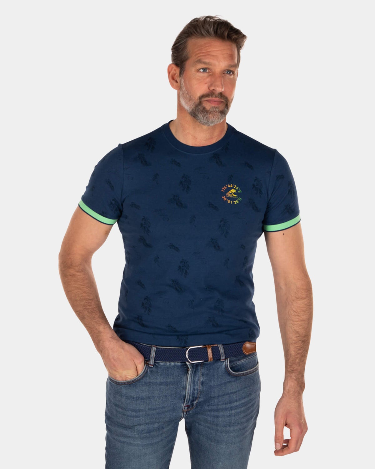 Navy crewneck leaf print t-shirt - Key Navy