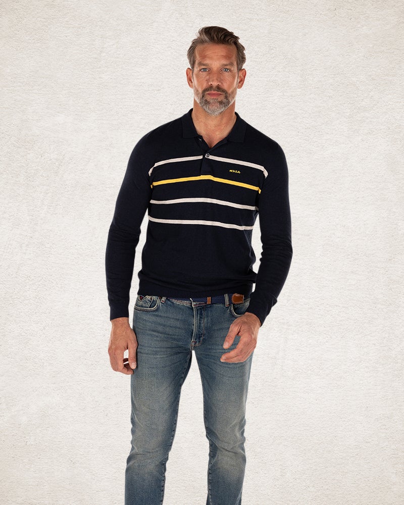 Cotton rugby shirt with stripes - Charcoal Navy