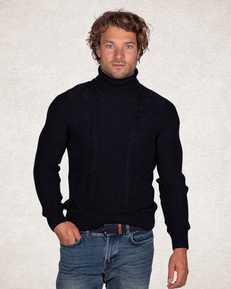 Cable knit turtleneck pullover - Pitch Navy