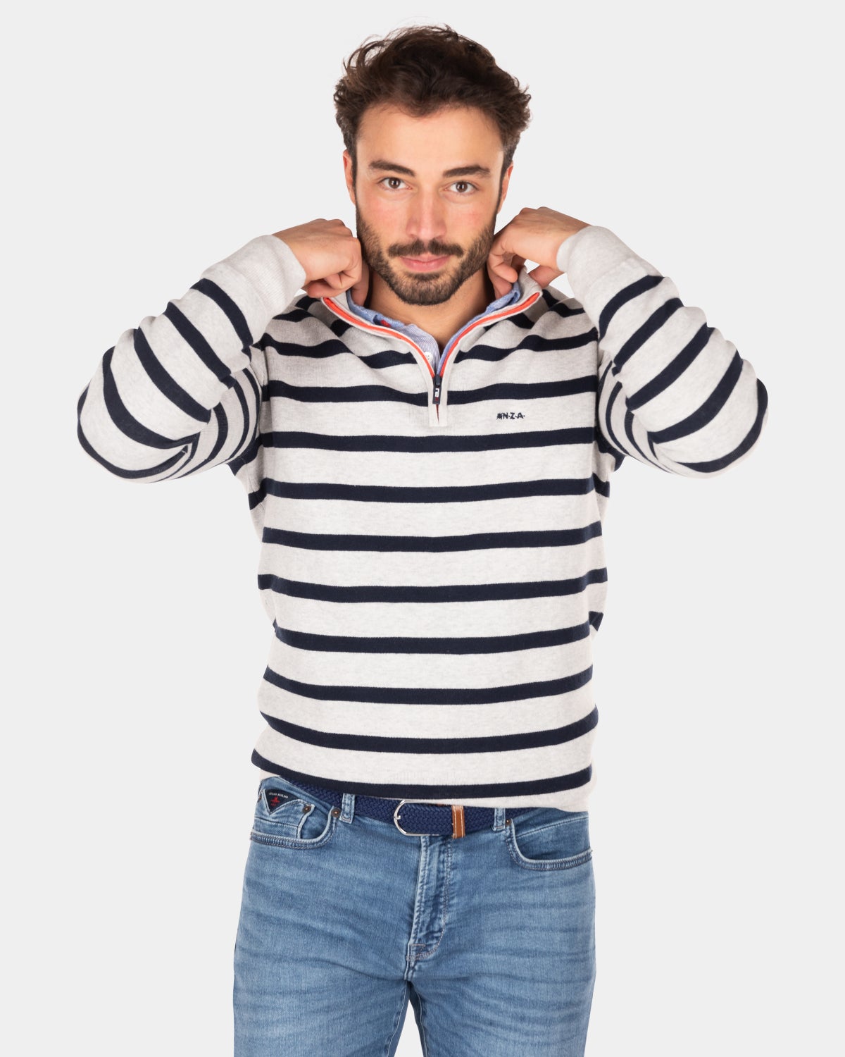 White half zip pullover with stripes - Shimmering Sand