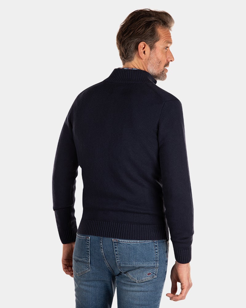 Cotton rib knit pullover with full zipper - Traditional Navy