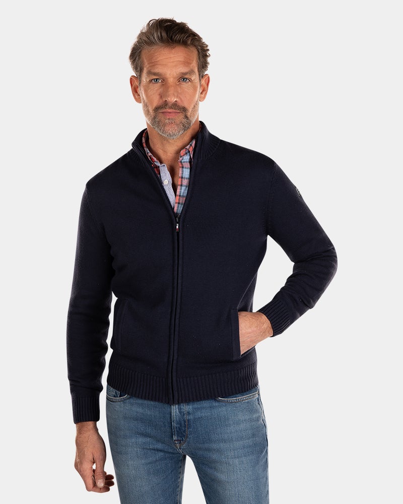 Cotton rib knit pullover with full zipper - Traditional Navy
