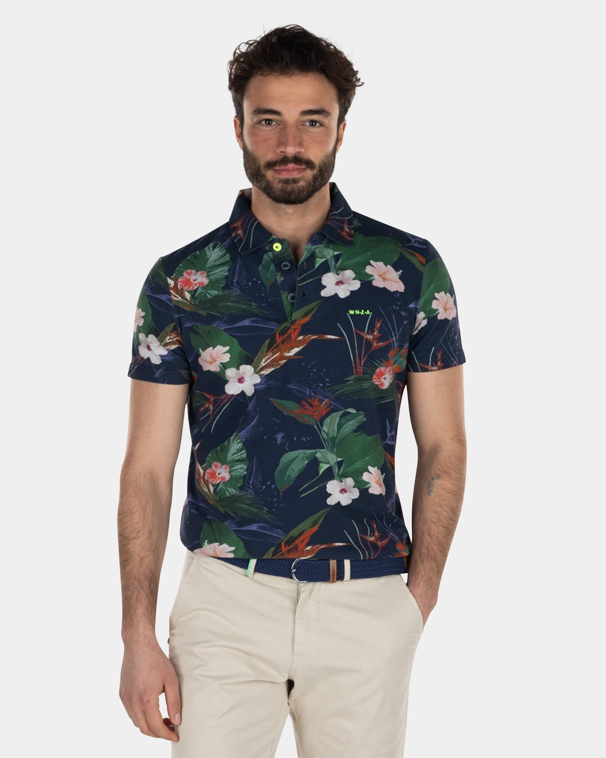Cotton all over flower printed polo shirt navy - High Summer Navy