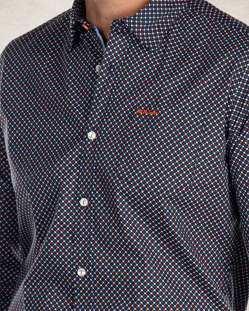 Cotton stretch shirt with all over print - Pitch Navy