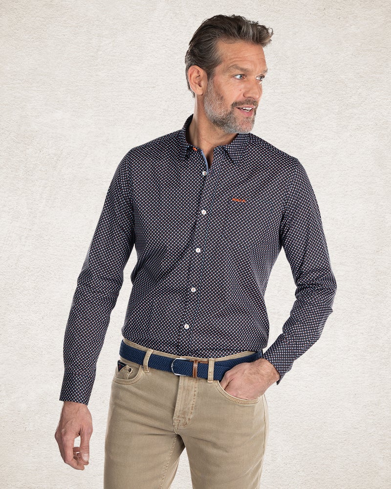 Cotton stretch shirt with all over print - Pitch Navy